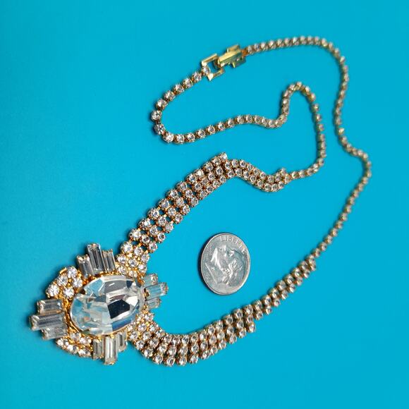 Vintage Clear Large Rhinestone Necklace, Gold Tone, 18 Inches - Picture 8 of 8